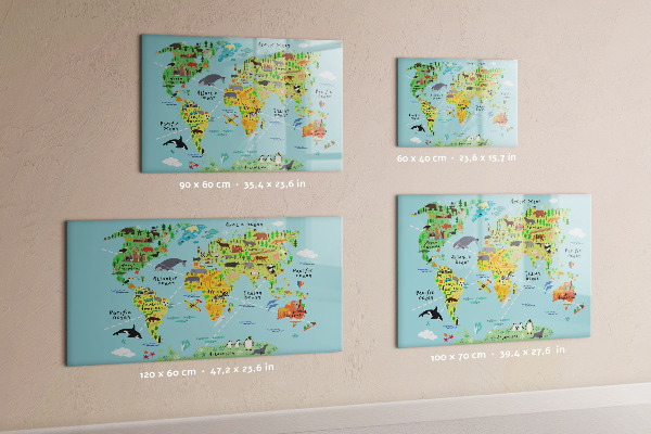 Memobord van glas met print inclusief neodymium magneten Wereldkaart met fotolocaties
