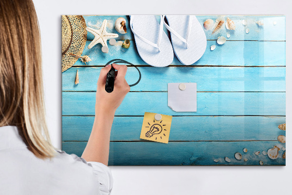 Decoratief glazen wandbord beschrijfbaar en magnetisch Zomerherinneringen op een kleurrijk bord.