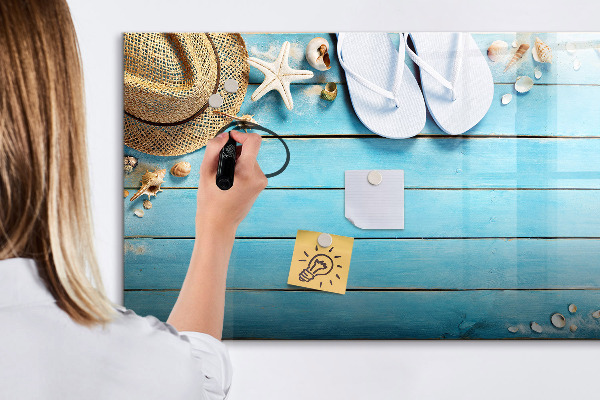 Decoratief glazen wandbord beschrijfbaar en magnetisch Zomerherinneringen op een kleurrijk bord.