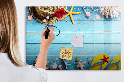 Decoratief glazen wandbord beschrijfbaar en magnetisch Zomerse herinneringen op een blauwe achtergrond