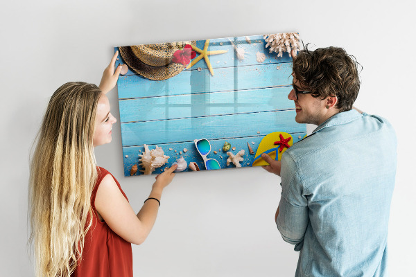 Decoratief glazen wandbord beschrijfbaar en magnetisch Zomerse herinneringen op een blauwe achtergrond