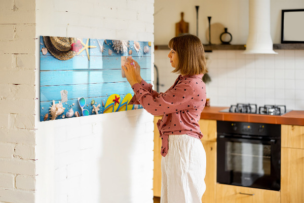 Decoratief glazen wandbord beschrijfbaar en magnetisch Zomerse herinneringen op een blauwe achtergrond