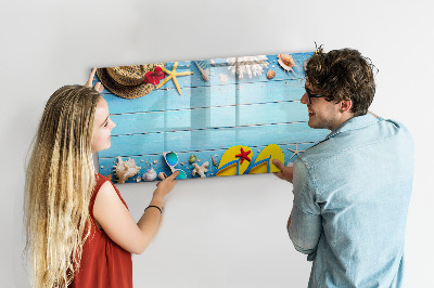 Decoratief glazen wandbord beschrijfbaar en magnetisch Zomerse herinneringen op een blauwe achtergrond
