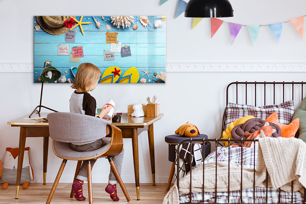 Decoratief glazen wandbord beschrijfbaar en magnetisch Zomerse herinneringen op een blauwe achtergrond