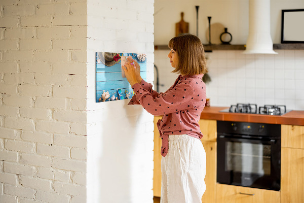 Decoratief glazen wandbord beschrijfbaar en magnetisch Zomerse herinneringen op een blauwe achtergrond