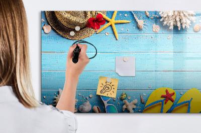 Decoratief glazen wandbord beschrijfbaar en magnetisch Zomerse herinneringen op een blauwe achtergrond