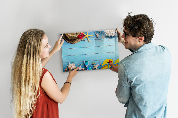 Decoratief glazen wandbord beschrijfbaar en magnetisch Zomerse herinneringen op een blauwe achtergrond