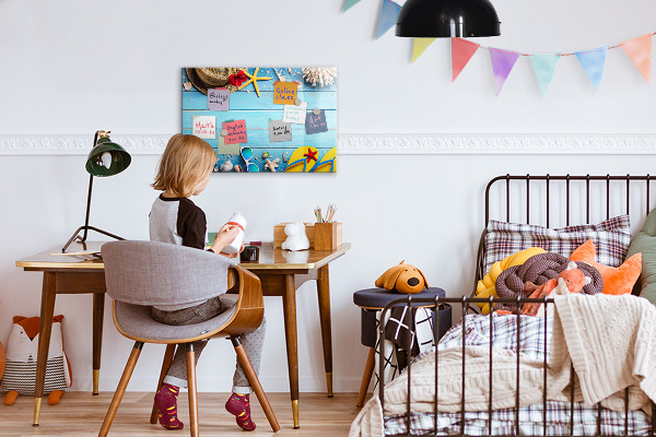 Decoratief glazen wandbord beschrijfbaar en magnetisch Zomerse herinneringen op een blauwe achtergrond