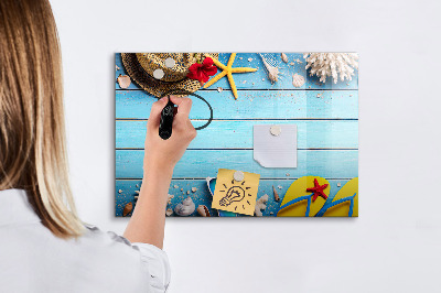 Decoratief glazen wandbord beschrijfbaar en magnetisch Zomerse herinneringen op een blauwe achtergrond
