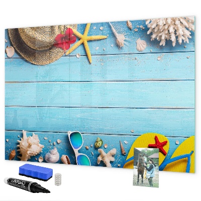 Decoratief glazen wandbord beschrijfbaar en magnetisch Zomerse herinneringen op een blauwe achtergrond
