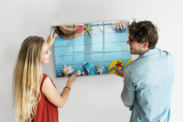 Decoratief glazen wandbord beschrijfbaar en magnetisch Zomerse herinneringen op een blauwe achtergrond