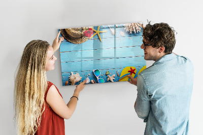 Decoratief glazen wandbord beschrijfbaar en magnetisch Zomerse herinneringen op een blauwe achtergrond