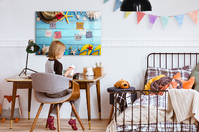 Decoratief glazen wandbord beschrijfbaar en magnetisch Zomerse herinneringen op een blauwe achtergrond