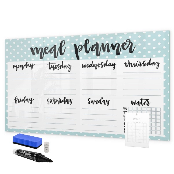 Memobord van glas met print inclusief neodymium magneten Maaltijdplanner voor de hele week