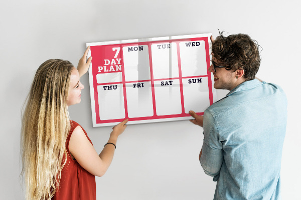 Memobord van glas met print inclusief neodymium magneten Weekplanning met ruimte voor foto's