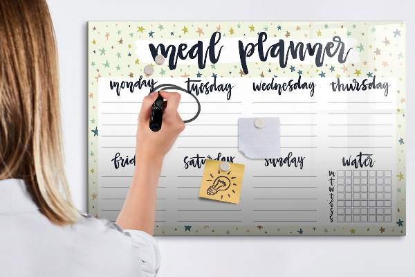 Decoratief glazen wandbord beschrijfbaar en magnetisch Maaltijdplanner voor elke week