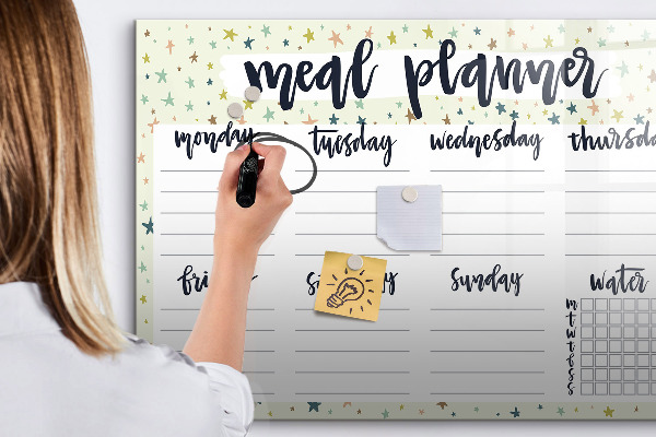 Decoratief glazen wandbord beschrijfbaar en magnetisch Maaltijdplanner voor elke week