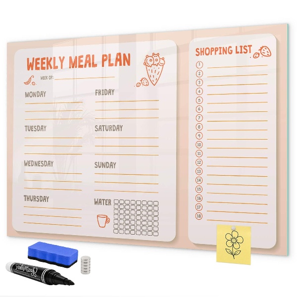 Decoratief glazen wandbord beschrijfbaar en magnetisch Maaltijdplan voor elke week