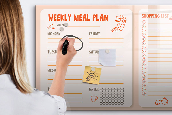 Decoratief glazen wandbord beschrijfbaar en magnetisch Maaltijdplan voor elke week