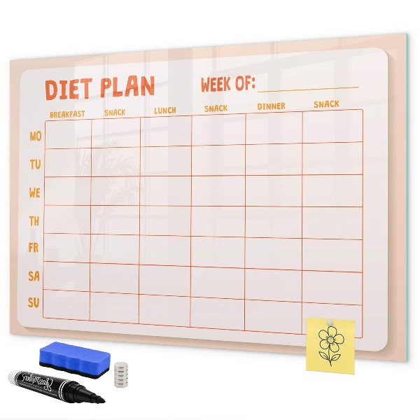 Decoratief glazen wandbord beschrijfbaar en magnetisch Dieetplan voor de hele week