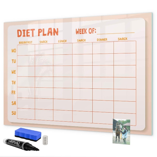 Decoratief glazen wandbord beschrijfbaar en magnetisch Dieetplan voor de hele week