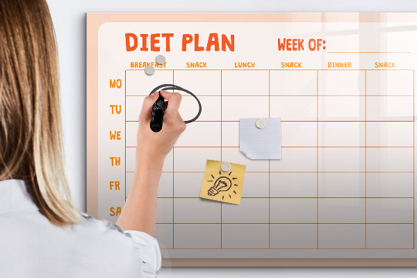 Decoratief glazen wandbord beschrijfbaar en magnetisch Dieetplan voor de hele week