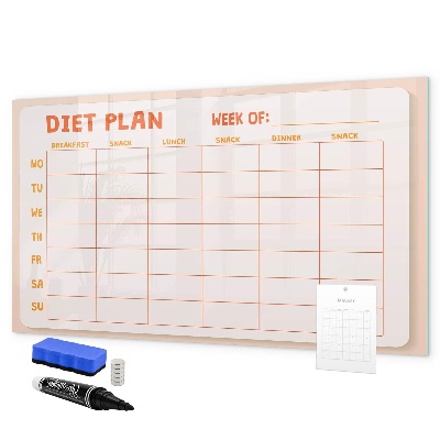Decoratief glazen wandbord beschrijfbaar en magnetisch Dieetplan voor de hele week