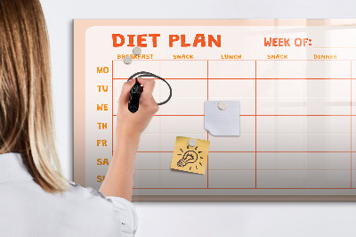 Decoratief glazen wandbord beschrijfbaar en magnetisch Dieetplan voor de hele week