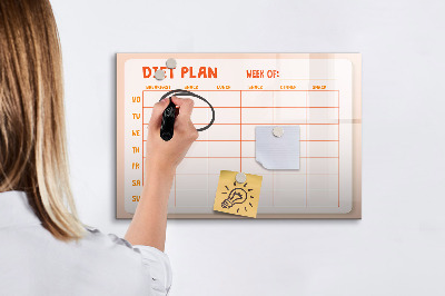 Decoratief glazen wandbord beschrijfbaar en magnetisch Dieetplan voor de hele week