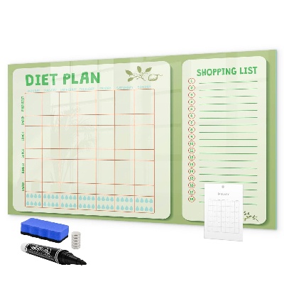 Memobord van glas met print inclusief neodymium magneten Dieetplan en boodschappenlijst