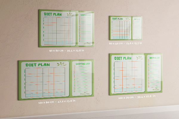 Memobord van glas met print inclusief neodymium magneten Dieetplan en boodschappenlijst