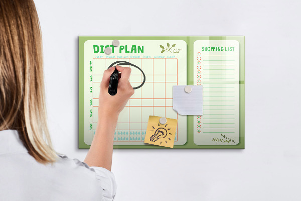 Memobord van glas met print inclusief neodymium magneten Dieetplan en boodschappenlijst