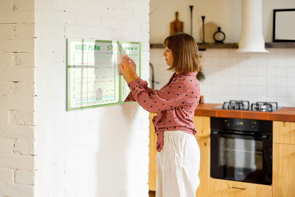 Memobord van glas met print inclusief neodymium magneten Dieetplan en boodschappenlijst