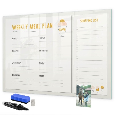 Decoratief glazen wandbord beschrijfbaar en magnetisch Maaltijdplan voor de week