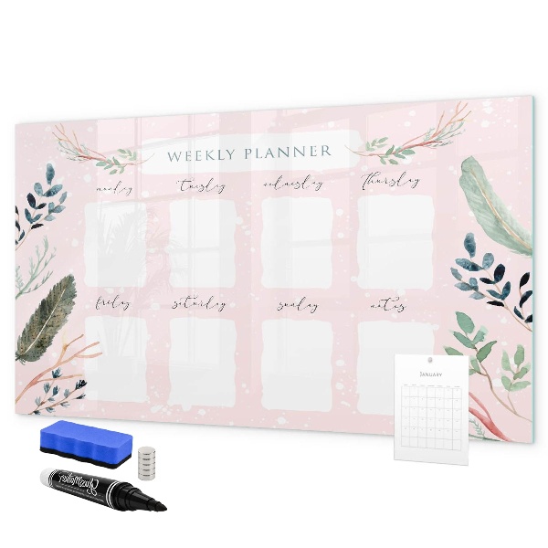 Memobord van glas met print inclusief neodymium magneten Weekplanner met ruimte voor foto's