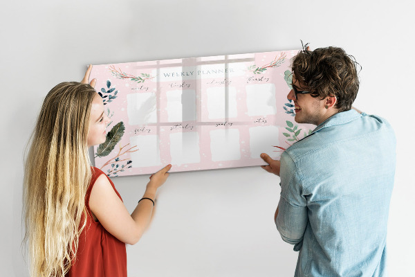 Memobord van glas met print inclusief neodymium magneten Weekplanner met ruimte voor foto's