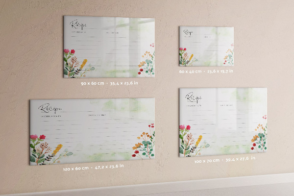 Decoratief glazen wandbord beschrijfbaar en magnetisch Een creatief prikbord voor recepten en herinneringen.