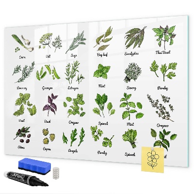 Decoratief glazen wandbord beschrijfbaar en magnetisch Kruiden en foto's op één plek