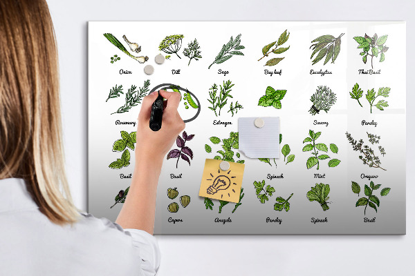 Decoratief glazen wandbord beschrijfbaar en magnetisch Kruiden en foto's op één plek