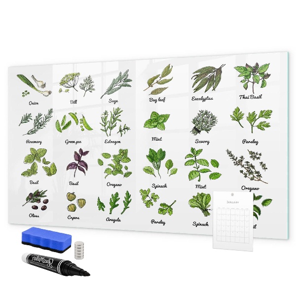 Decoratief glazen wandbord beschrijfbaar en magnetisch Kruiden en foto's op één plek