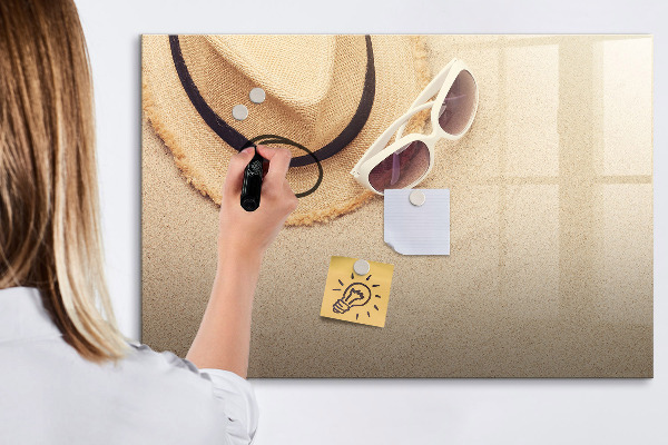 Memobord van glas met print inclusief neodymium magneten Zomerherinneringen op een kurkbord