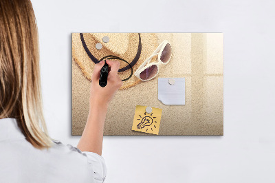 Memobord van glas met print inclusief neodymium magneten Zomerherinneringen op een kurkbord
