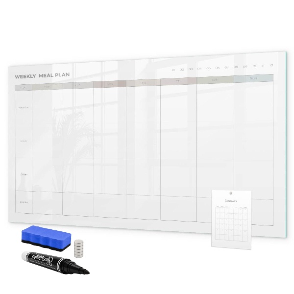 Memobord van glas met print inclusief neodymium magneten Maaltijdplan voor de hele week