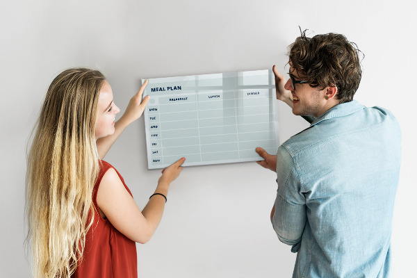 Memobord van glas met print inclusief neodymium magneten Maaltijdplan met ruimte voor foto's