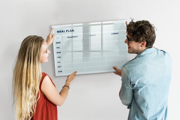 Memobord van glas met print inclusief neodymium magneten Maaltijdplan met ruimte voor foto's