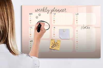 Decoratief glazen wandbord beschrijfbaar en magnetisch Weekplanner met ruimte voor foto's