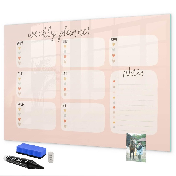 Decoratief glazen wandbord beschrijfbaar en magnetisch Weekplanner met ruimte voor foto's