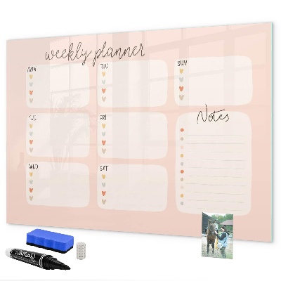 Decoratief glazen wandbord beschrijfbaar en magnetisch Weekplanner met ruimte voor foto's