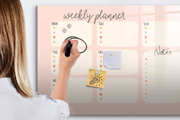 Decoratief glazen wandbord beschrijfbaar en magnetisch Weekplanner met ruimte voor foto's