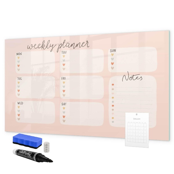 Decoratief glazen wandbord beschrijfbaar en magnetisch Weekplanner met ruimte voor foto's